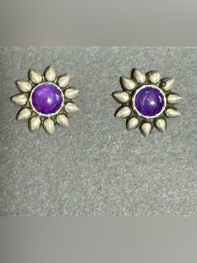 Sterling Silver (925) Cabochon Amethyst Sunburst Stud Earrings